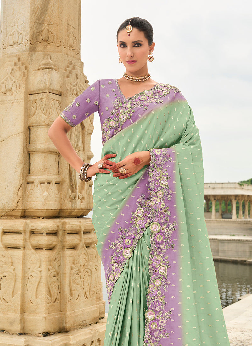 Monjolika Fashion Silk Blend Cutwork Sea Green Reception Classic Saree