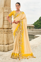 Monjolika Fashion Silk Blend Cutwork Contemporary Saree In Cream
