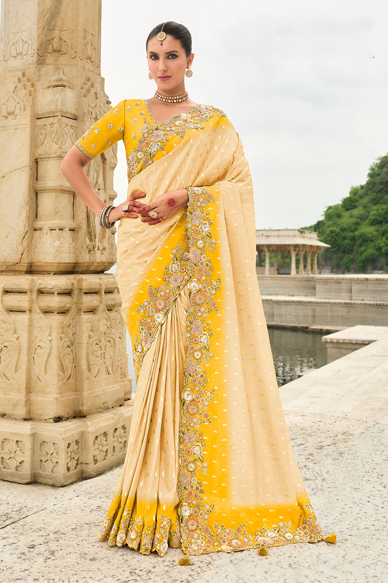 Monjolika Fashion Silk Blend Cutwork Contemporary Saree In Cream
