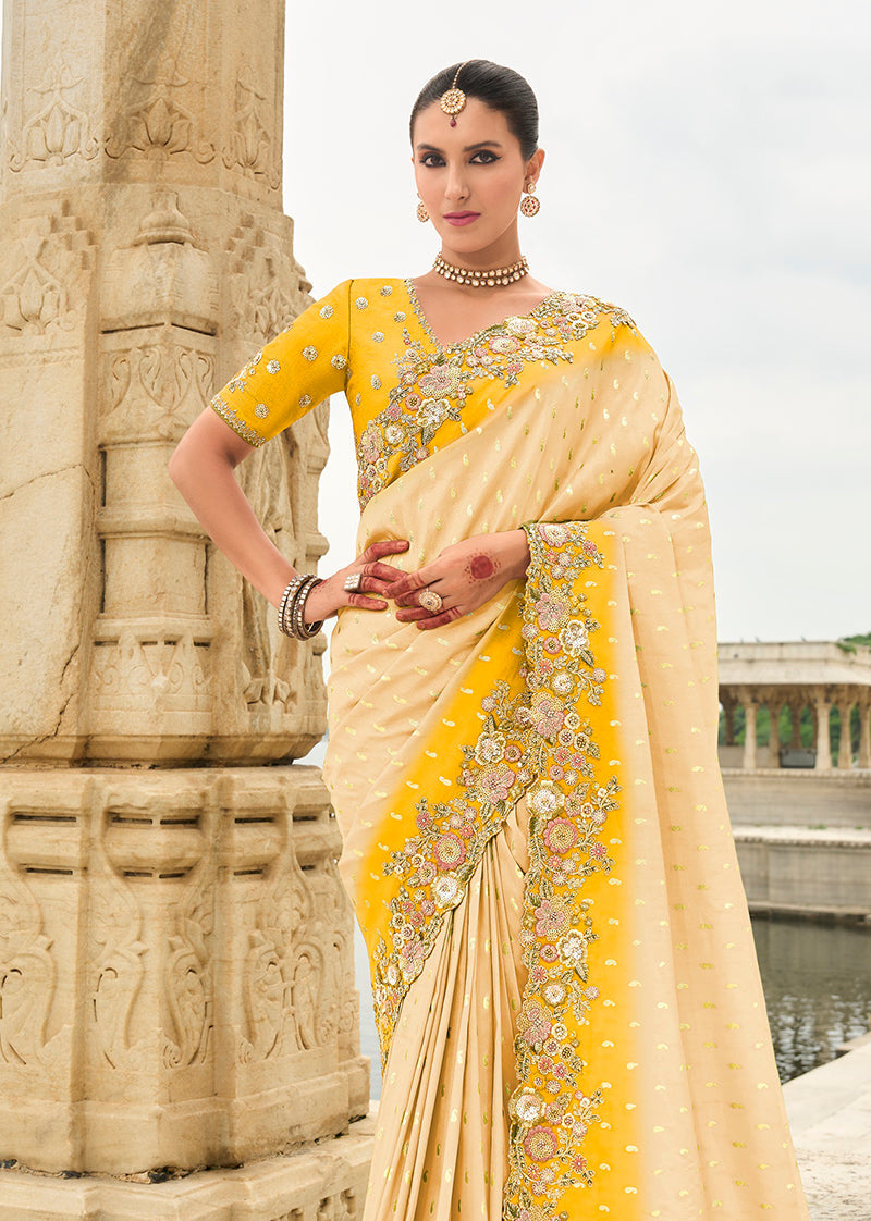 Monjolika Fashion Silk Blend Cutwork Contemporary Saree In Cream