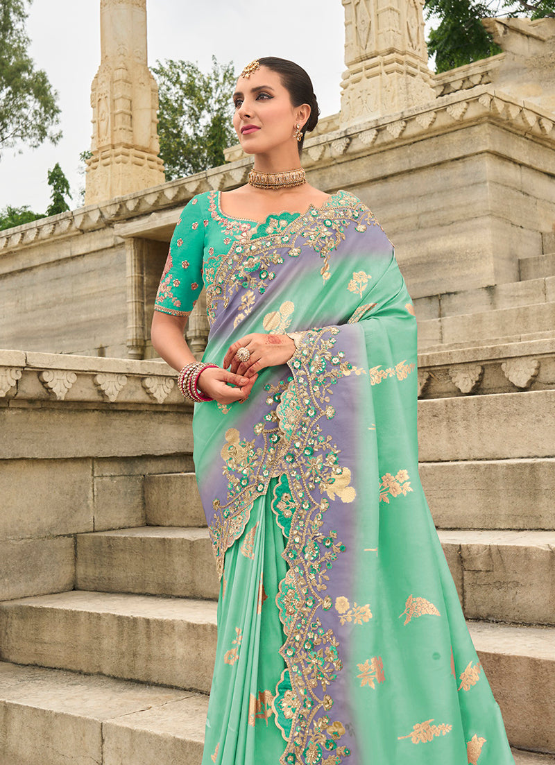 Monjolika Fashion Silk Blend Cut Work Classic Saree In Turquoise
