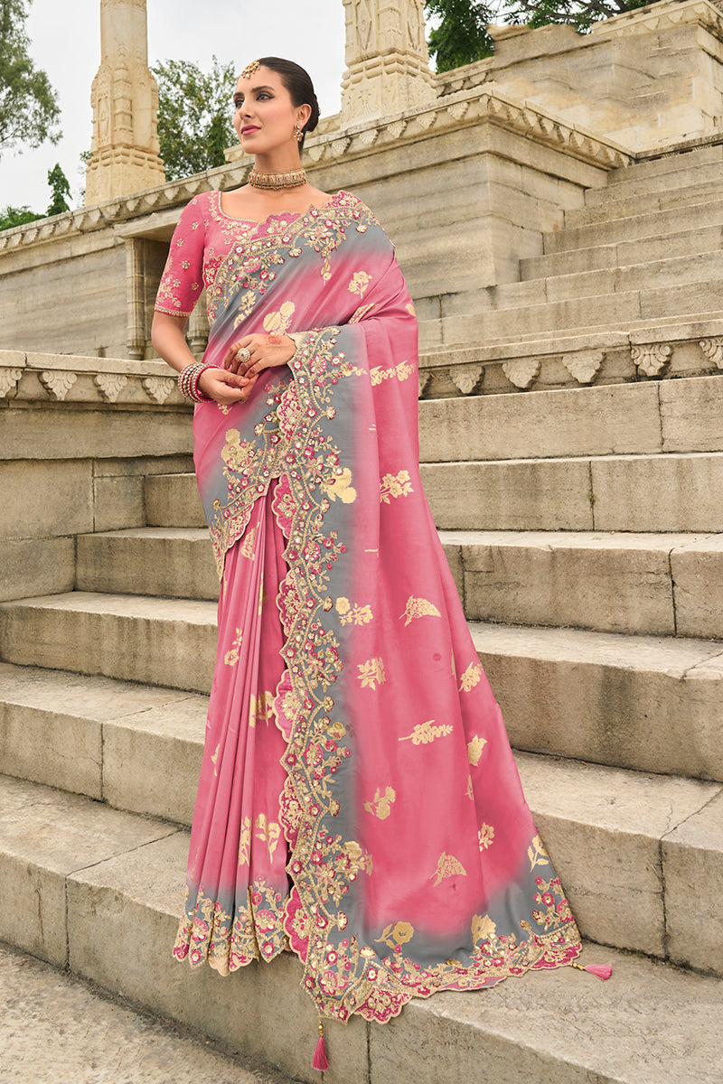 Monjolika Fashion Pink Embroidered Silk Blend Sangeet Contemporary Saree