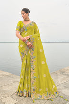 Monjolika Fashion Embroidered Silk Blend Green Designer Saree