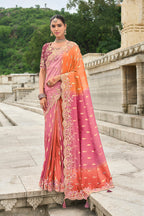 Monjolika Fashion Silk Blend Pink And Orange Buttis Trendy Saree