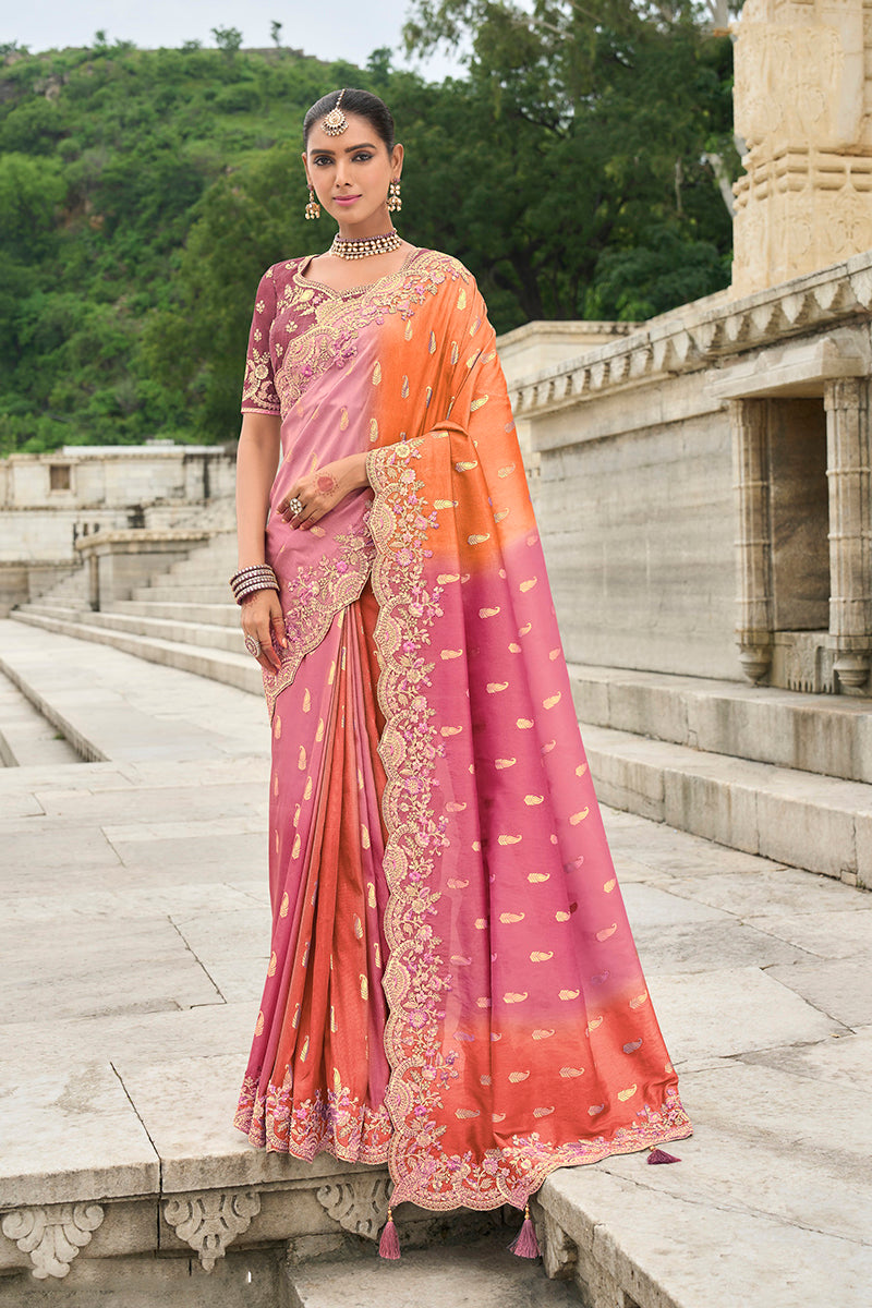 Monjolika Fashion Silk Blend Pink And Orange Buttis Trendy Saree