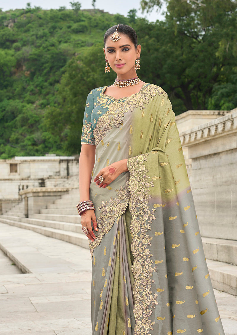 Monjolika Fashion Embroidered Green And Grey Silk Blend Wedding Classic Saree