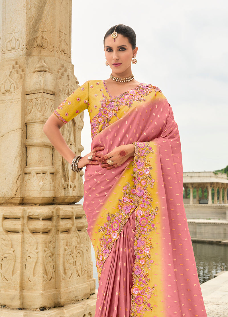 Monjolika Fashion Silk Blend Pink Embroidered Contemporary Saree