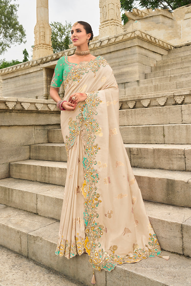 Monjolika Fashion Silk Blend Butta Off White Reception Traditional Saree
