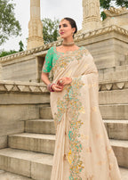 Monjolika Fashion Silk Blend Butta Off White Reception Traditional Saree