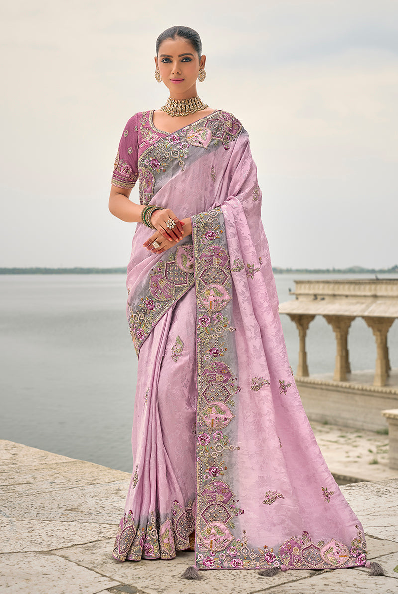 Monjolika Fashion Lavender Color Banarasi Silk Blend Embroidered With Heavy Patchwork Border Saree - Distacart
