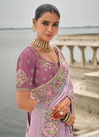 Monjolika Fashion Lavender Color Banarasi Silk Blend Embroidered With Heavy Patchwork Border Saree - Distacart