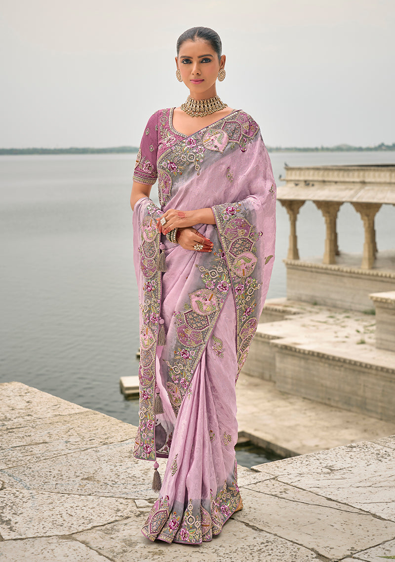 Monjolika Fashion Lavender Color Banarasi Silk Blend Embroidered With Heavy Patchwork Border Saree - Distacart