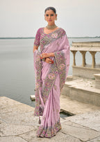 Monjolika Fashion Lavender Color Banarasi Silk Blend Embroidered With Heavy Patchwork Border Saree - Distacart