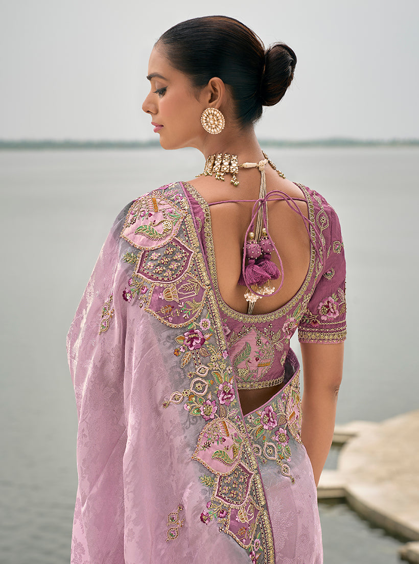 Monjolika Fashion Lavender Color Banarasi Silk Blend Embroidered With Heavy Patchwork Border Saree - Distacart