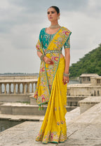 Monjolika Fashion Yellow Color Banarasi Silk Blend Embroidered With Heavy Patchwork Border Saree With Contrast Blouse