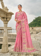 Monjolika Fashion Pink Color Banarasi Silk Blend Sequin Embroidered With Heavy Patchwork Border Saree - Distacart
