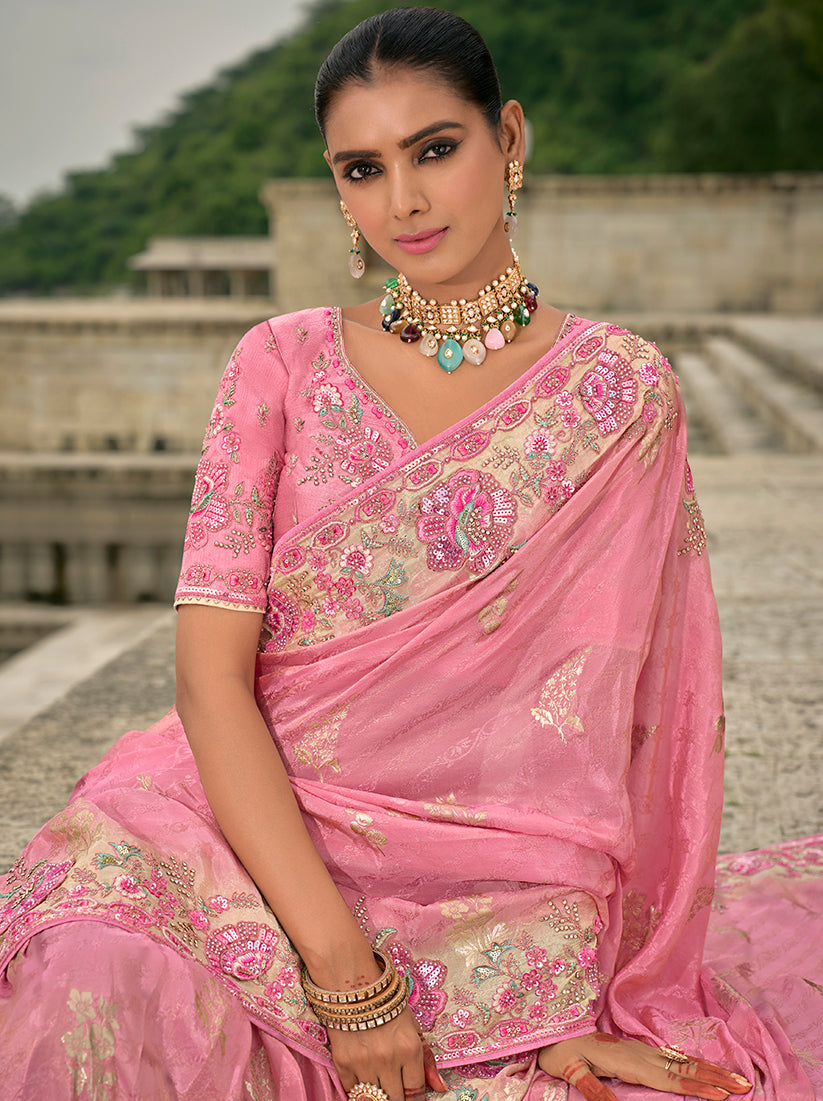 Monjolika Fashion Pink Color Banarasi Silk Blend Sequin Embroidered With Heavy Patchwork Border Saree - Distacart