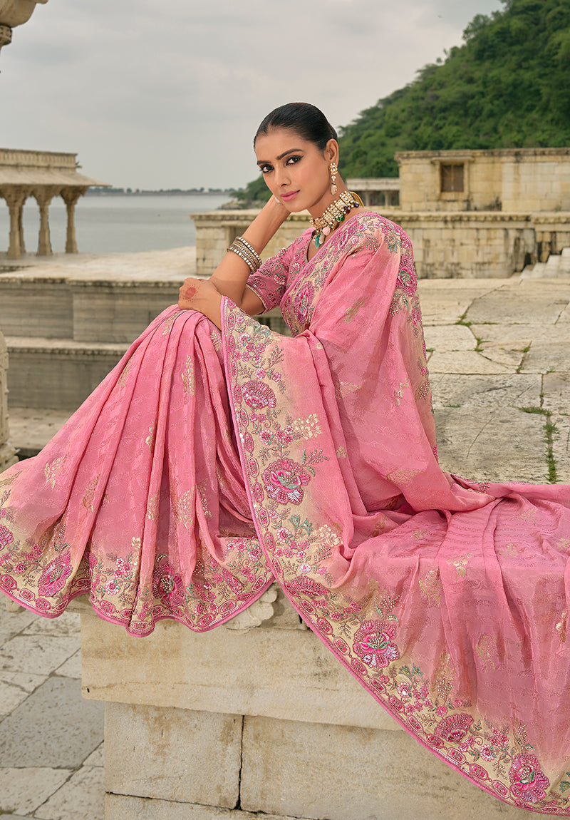 Monjolika Fashion Pink Color Banarasi Silk Blend Sequin Embroidered With Heavy Patchwork Border Saree - Distacart