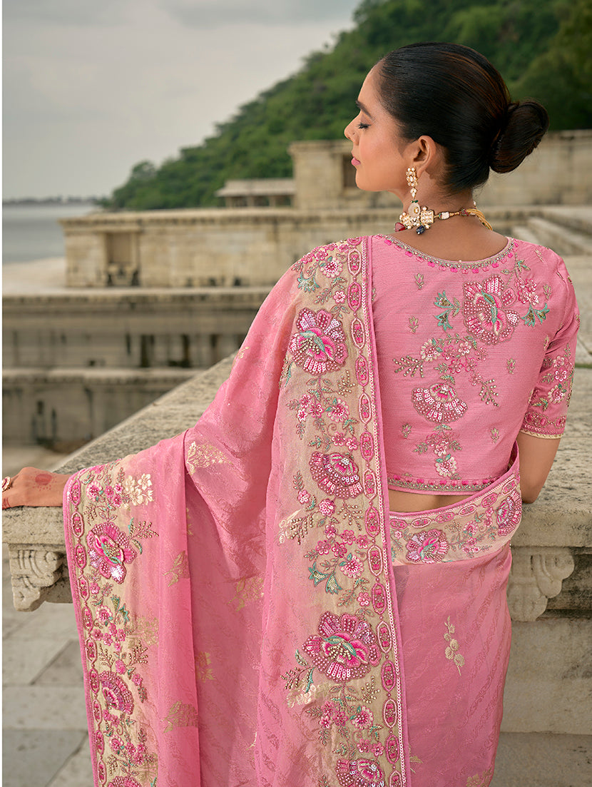 Monjolika Fashion Pink Color Banarasi Silk Blend Sequin Embroidered With Heavy Patchwork Border Saree - Distacart