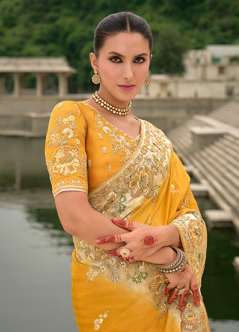 Monjolika Fashion Yellow Color Banarasi Silk Blend Sequin Embroidered With Heavy Patchwork Border Saree