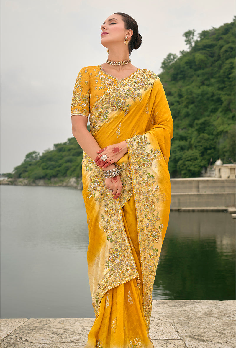Monjolika Fashion Yellow Color Banarasi Silk Blend Sequin Embroidered With Heavy Patchwork Border Saree