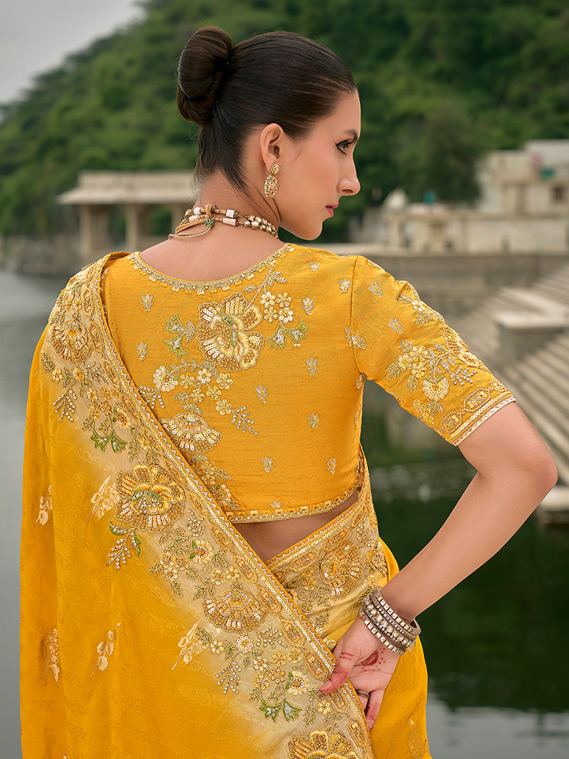 Monjolika Fashion Yellow Color Banarasi Silk Blend Sequin Embroidered With Heavy Patchwork Border Saree