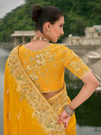 Monjolika Fashion Yellow Color Banarasi Silk Blend Sequin Embroidered With Heavy Patchwork Border Saree