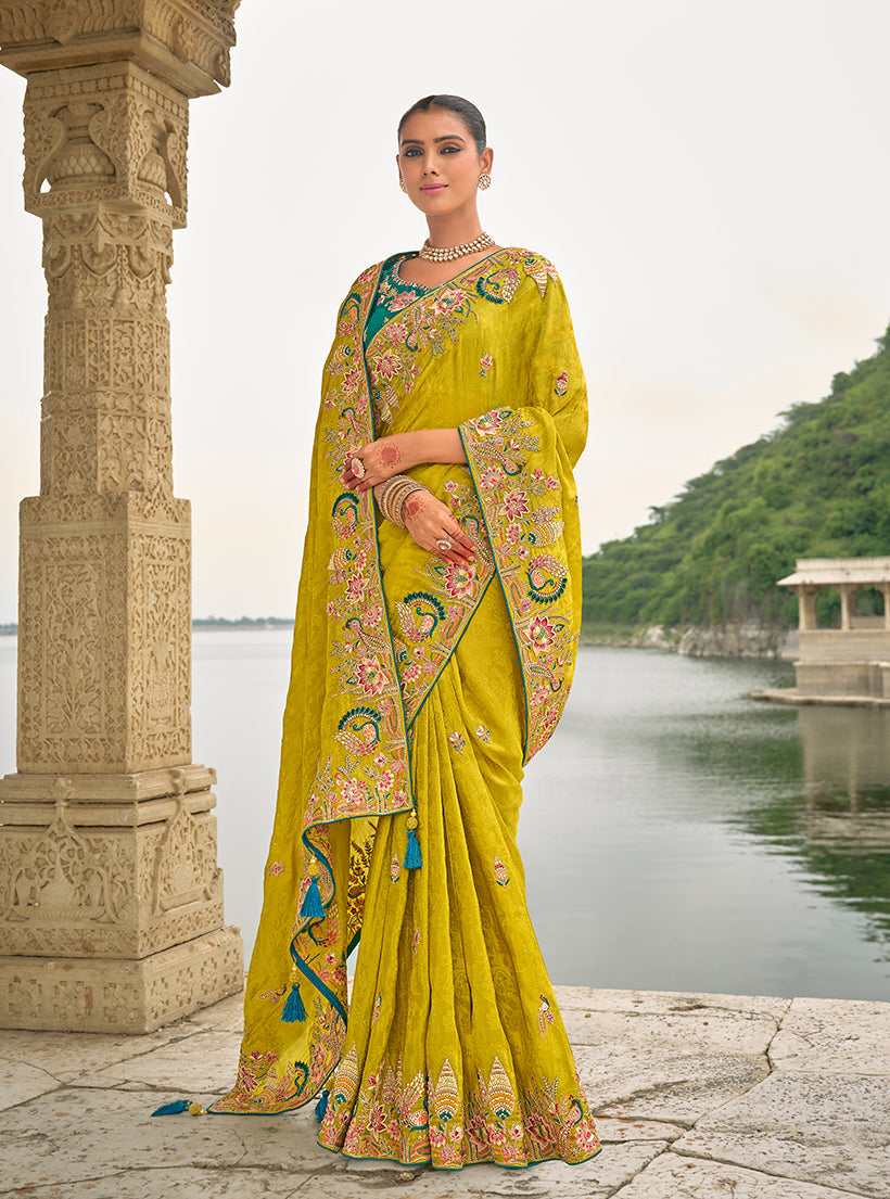 Monjolika Fashion Pear Color Banarasi Silk Blend Sequin Embroidered With Heavy Patchwork Border Saree