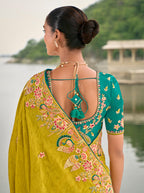 Monjolika Fashion Pear Color Banarasi Silk Blend Sequin Embroidered With Heavy Patchwork Border Saree
