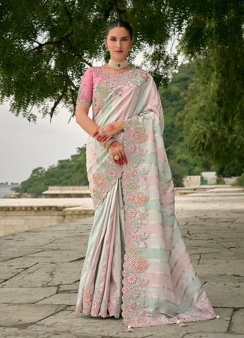 Monjolika Fashion Multicolor Banarasi Silk Blend Embroidered With Heavy Patchwork Border Saree With Contrast Blouse
