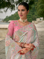 Monjolika Fashion Multicolor Banarasi Silk Blend Embroidered With Heavy Patchwork Border Saree With Contrast Blouse