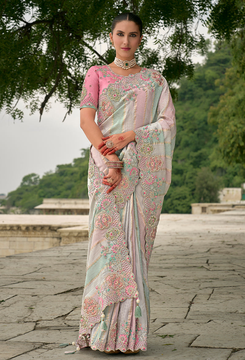 Monjolika Fashion Multicolor Banarasi Silk Blend Embroidered With Heavy Patchwork Border Saree With Contrast Blouse
