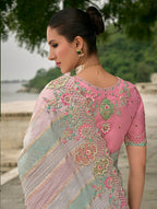 Monjolika Fashion Multicolor Banarasi Silk Blend Embroidered With Heavy Patchwork Border Saree With Contrast Blouse