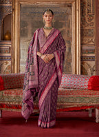 Monjolika Fashion Silk Blend Burgundy Printed Contemporary Saree