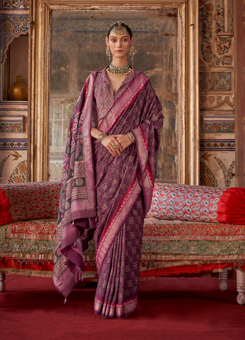Monjolika Fashion Silk Blend Burgundy Printed Contemporary Saree