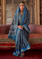 Monjolika Fashion Silk Blend Blue Printed Contemporary Saree