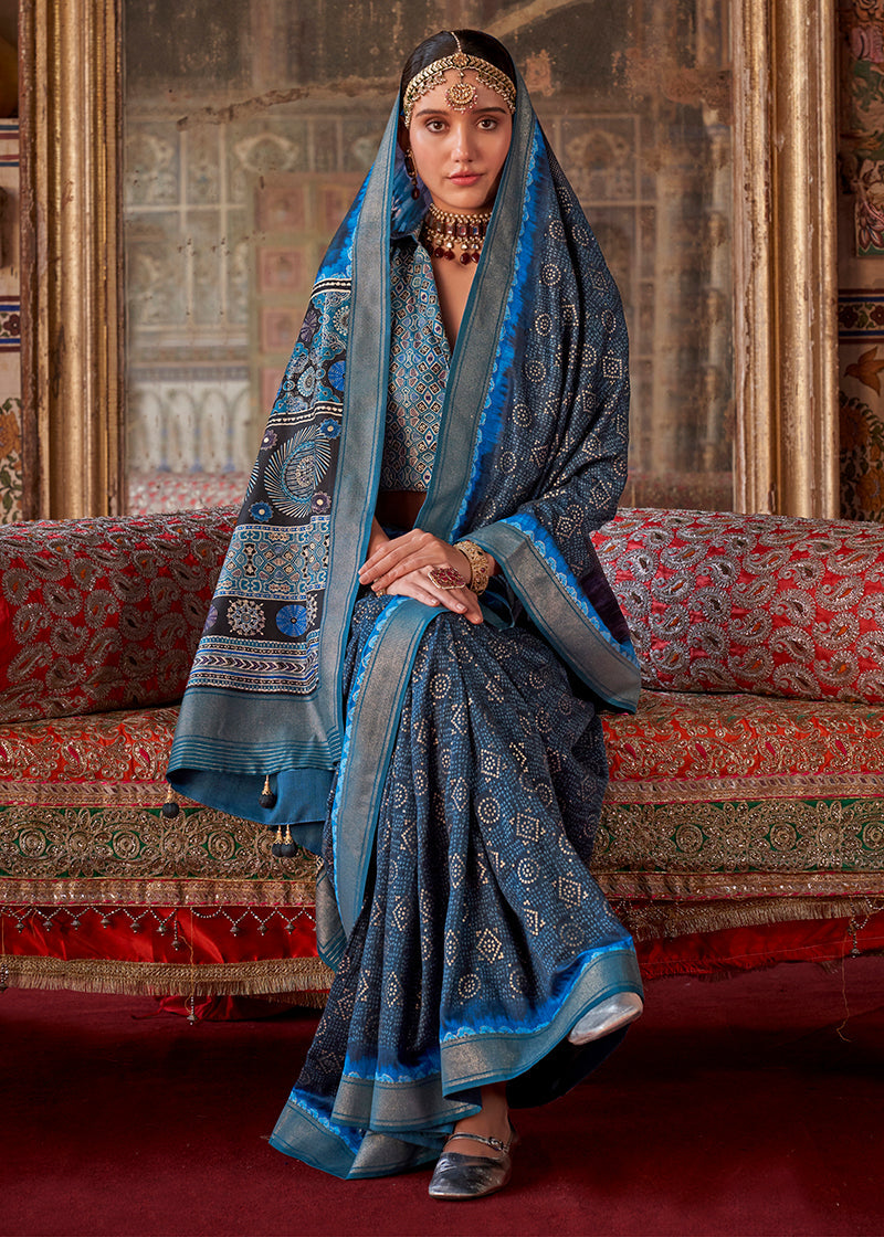 Monjolika Fashion Silk Blend Blue Printed Contemporary Saree