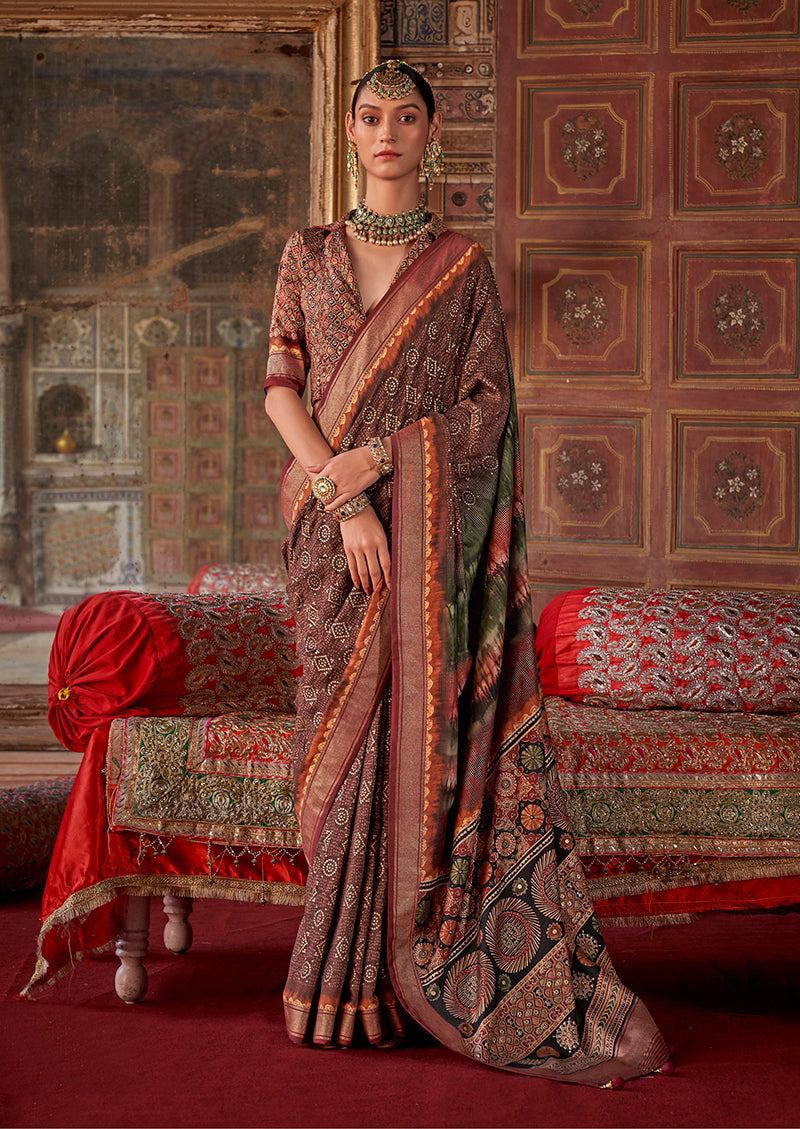 Monjolika Fashion Silk Blend Brown Printed Contemporary Saree