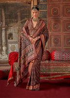 Monjolika Fashion Silk Blend Brown Printed Contemporary Saree