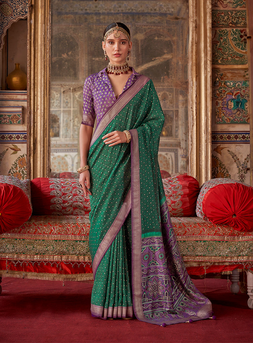 Monjolika Fashion Silk Blend Green Printed Contemporary Saree