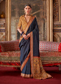 Monjolika Fashion Silk Blend Navy Blue Printed Contemporary Saree