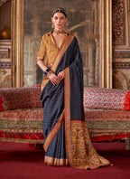 Monjolika Fashion Silk Blend Navy Blue Printed Contemporary Saree