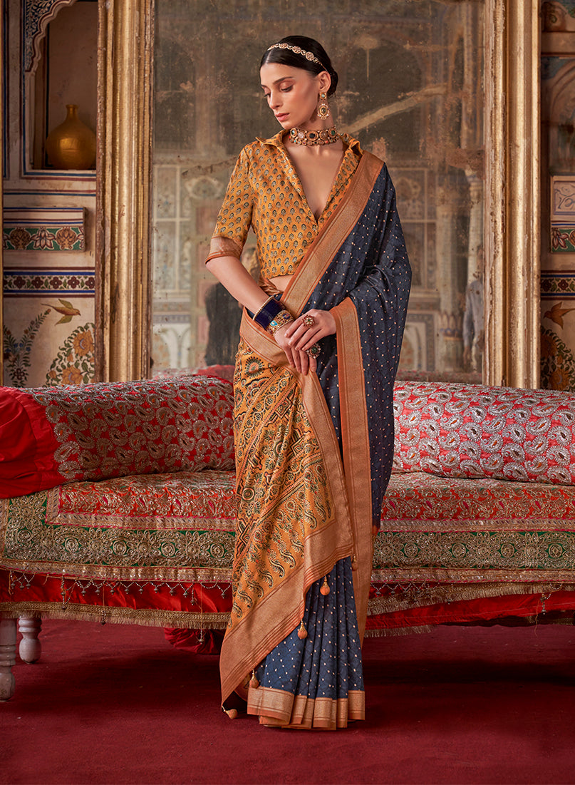 Monjolika Fashion Silk Blend Navy Blue Printed Contemporary Saree