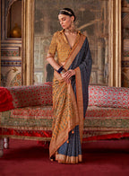 Monjolika Fashion Silk Blend Navy Blue Printed Contemporary Saree