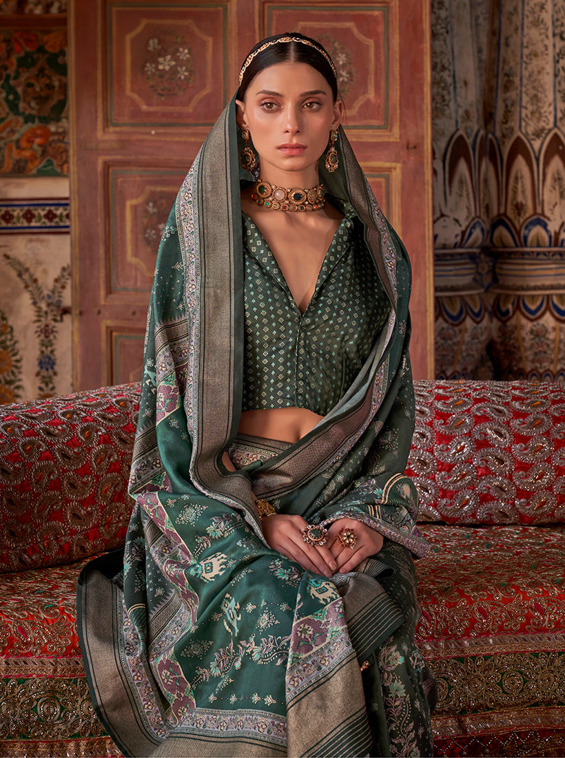 Monjolika Fashion Silk Blend Dark Green Printed Contemporary Saree