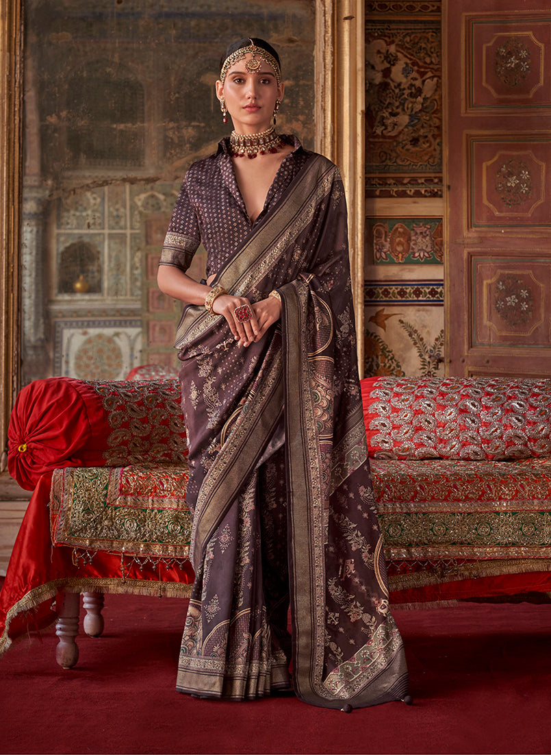 Monjolika Fashion Silk Blend Dark Brown Printed Contemporary Saree