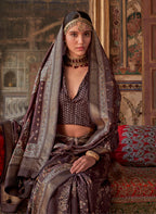Monjolika Fashion Silk Blend Dark Brown Printed Contemporary Saree
