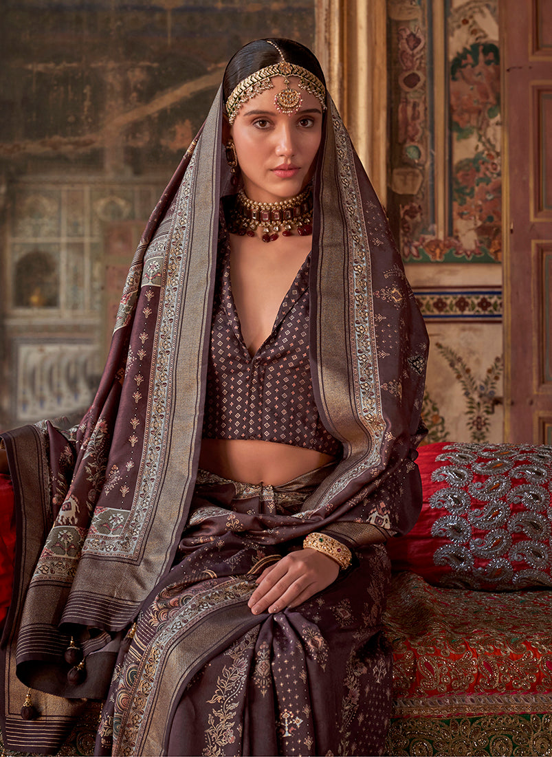 Monjolika Fashion Silk Blend Dark Brown Printed Contemporary Saree