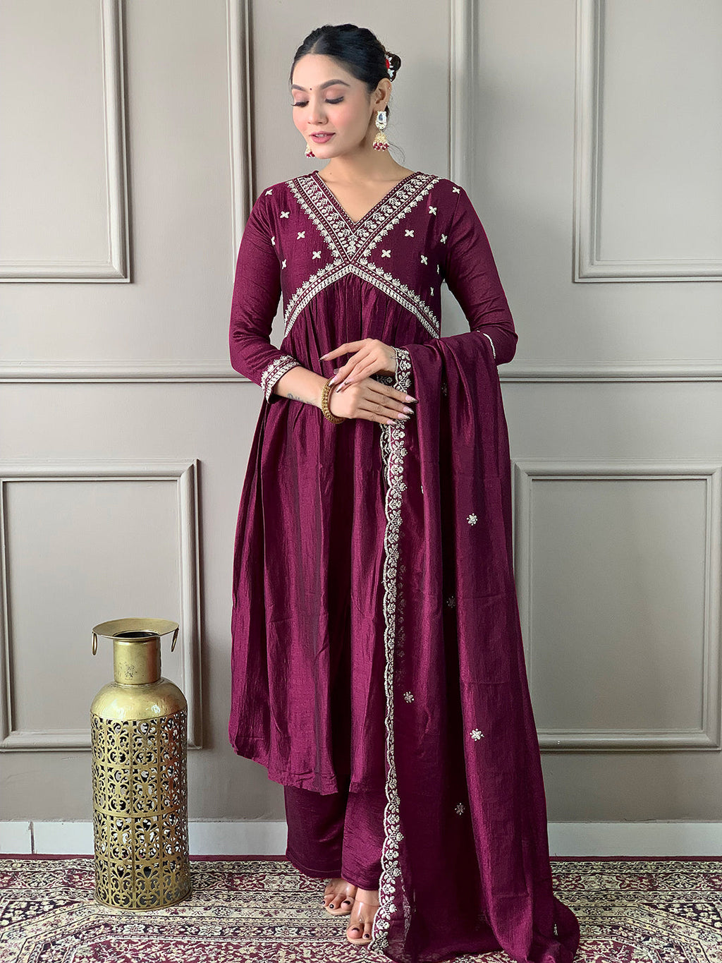 The52 Embroidered Vichitra Silk Fabric Straight Kurta, Pant and Dupatta Set - Distacart