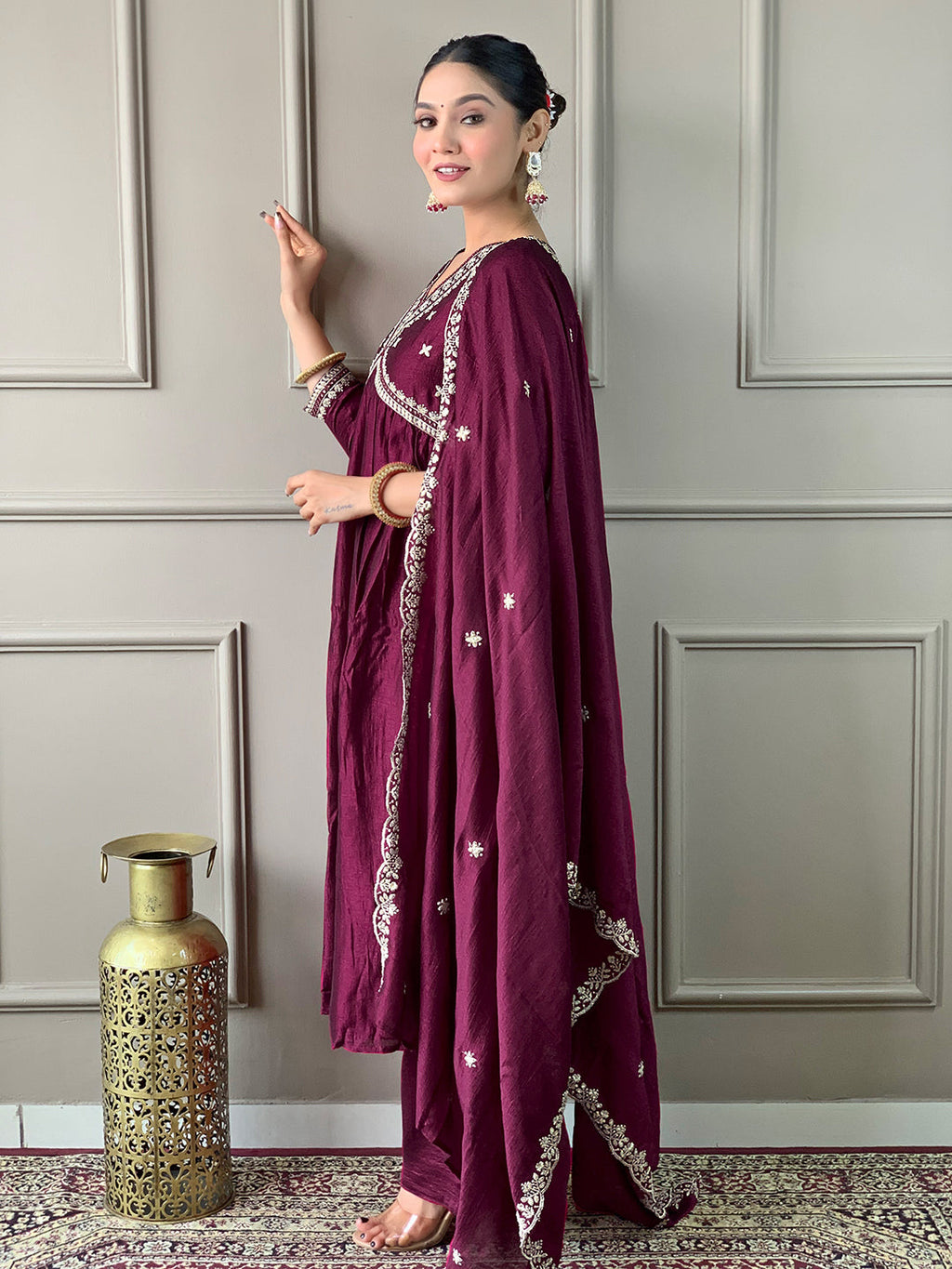 The52 Embroidered Vichitra Silk Fabric Straight Kurta, Pant and Dupatta Set - Distacart